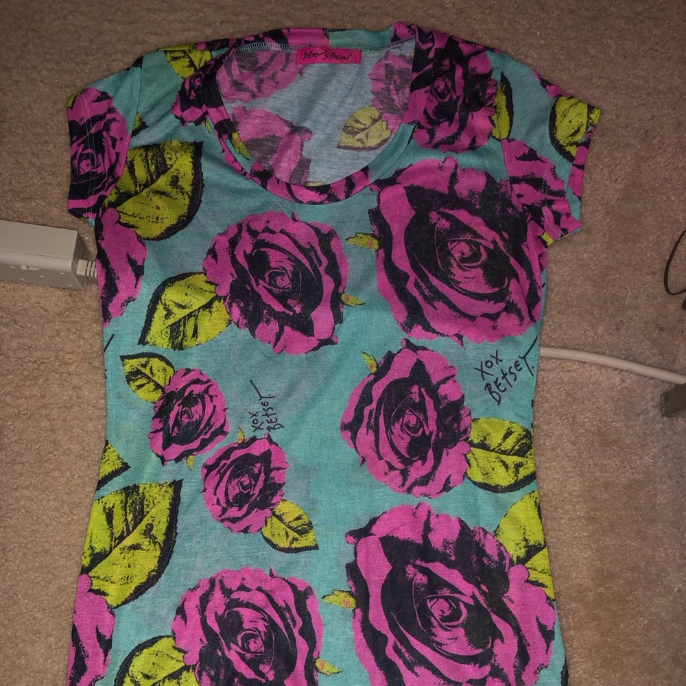 Vintage Betsey Johnson blue with pink roses shirt